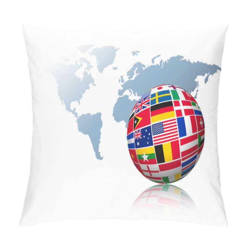 Personality  Globe Made Out Of Flags On A World Map Background. Vector. Pillow Covers