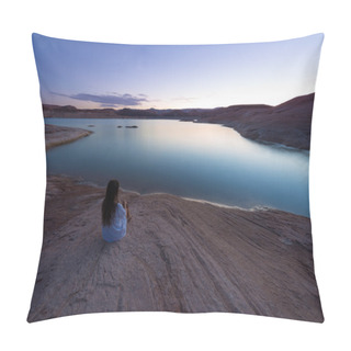 Personality  Single Woman Sitting By The Lake Pillow Covers