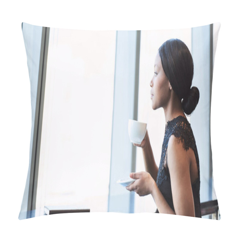 Personality  Beautiful Young Black Woman Looking Thoughtfully Out A Large Window Pillow Covers