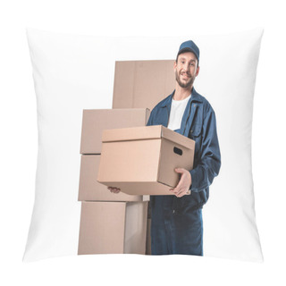 Personality  Smiling Handsome Mover In Uniform Carrying Cardboard Box And Looking At Camera Isolated On White With Copy Space Pillow Covers