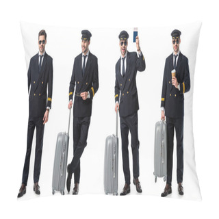 Personality  Collage Of Handsome Pilot In Black Uniform Standing With Suitcase, Passport And Cup Of Coffee Isolated On White Pillow Covers