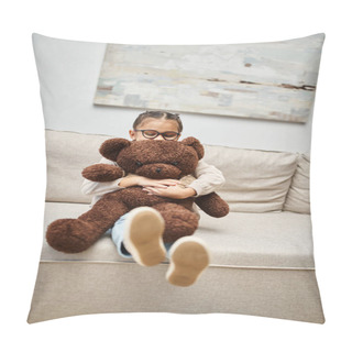 Personality  Adorable Elementary Age Girl In Eyeglasses Holding Teddy Bear And Sitting On Sofa In Living Room Pillow Covers