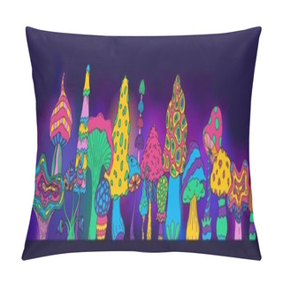 Personality  Trippy Mushroom Background. Acid Psychedelic Magic Wallpaper With Colorful Fairy Forest Plants, Fairy Psilocybin Trance Concept. Vector Illustration. Hallucinogenic Striped And Spotted Mushrooms Pillow Covers