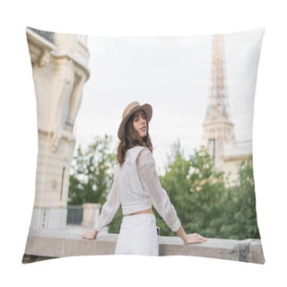 Personality  Smiling Woman In Sun Hat Looking At Camera With Eiffel Tower At Background In Paris  Pillow Covers