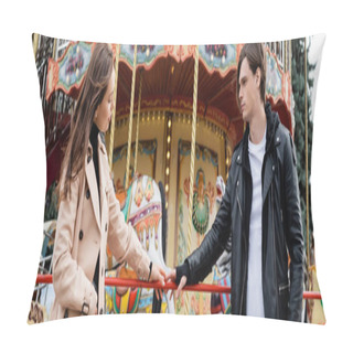 Personality  Young Couple Standing Near Carousel And Touching Hands In Amusement Park, Banner Pillow Covers