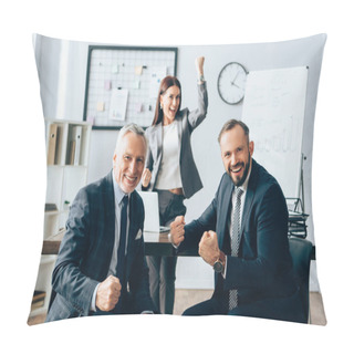 Personality  Cheerful Businessmen Showing Yeah Gesture Near Colleague On Blurred Background In Office  Pillow Covers