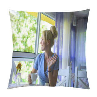 Personality  Woman Looks Through Window, Nature Background. Cafe And Date Concept. Pillow Covers