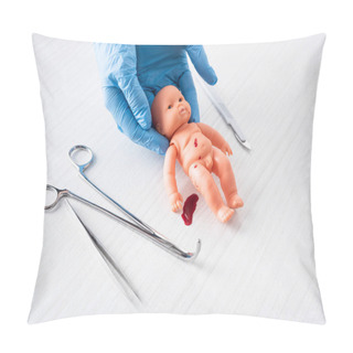 Personality  Cropped View Of Doctor In Blue Latex Gloves Holding Baby Doll With Blood Near Medical Instruments  Pillow Covers