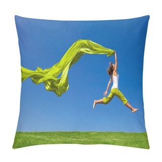 Personality  Woman Jumping On A Green Meadow With A Colored Tissue Pillow Covers