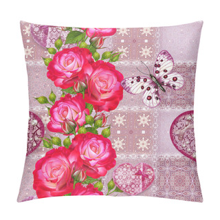 Personality  Floral Background. Seamless Pattern. Old Style, Square Shape, Pastel Tone, Patchwork. Garland Of Bright Beautiful Red Roses, Delicate Textured Heart With Beads And Pearls, Light Butterflies. Pillow Covers