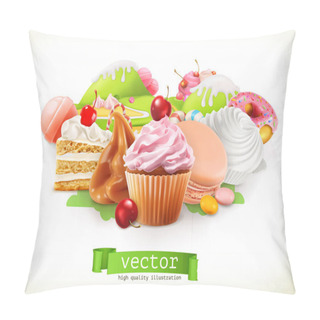 Personality  Sweet Shop. Confectionery And Desserts, Cake, Cupcake, Candy, Caramel. 3d Vector Illustration Pillow Covers