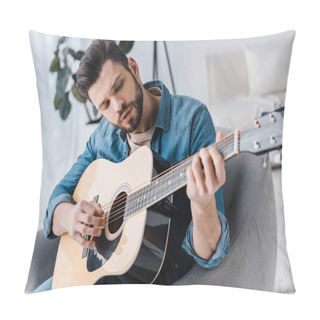 Personality  Handsome Bearded Man Playing Acoustic Guitar At Home Pillow Covers