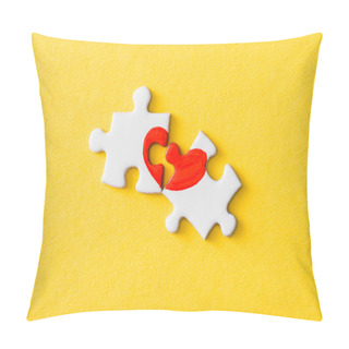 Personality  Top View Of Jigsaw Puzzle Pieces With Drawn Red Heart Isolated On Yellow  Pillow Covers