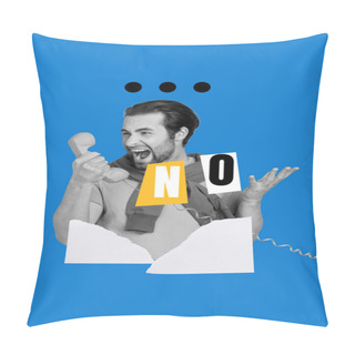 Personality  Vertical Collage Image Of Dissatisfied Mad Guy Black White Gamma Hold Retro Handset Scream No Answer Isolated On Blue Background. Pillow Covers