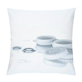 Personality  Close Up View Of Container And Contact Lenses On White Backdrop Pillow Covers