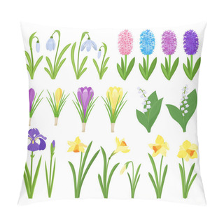 Personality  Spring Flowers. Irises, Lilies Of Valley, Tulips, Narcissuses, Crocuses And Other Primroses. Garden Design Icons Isolated On White Background Pillow Covers