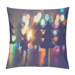 Personality  Christmas Closeup Of Santa Claus Near Pine Trees On A Colorful Bokeh Background Pillow Covers