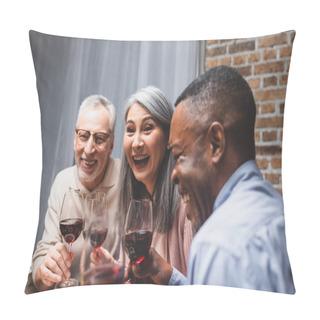 Personality  Smiling Multicultural Friends Talking And Holding Wine Glasses During Dinner  Pillow Covers