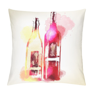 Personality  Red And White Wine In Bottles. Watercolor Splashes. Pillow Covers