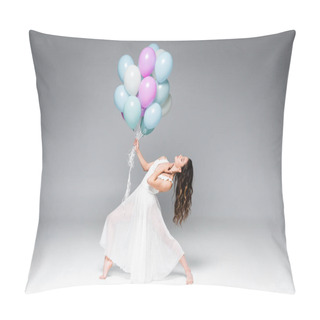 Personality  Young Beautiful Ballerina In White Dress Dancing With Festive Balloons On Grey Background Pillow Covers