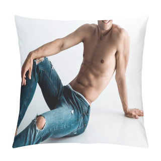 Personality  Cropped View Of Positive And Sexy Man Sitting On White  Pillow Covers