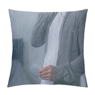 Personality  Cropped View Of Man Holding Photograph Through Window With Raindrops Pillow Covers