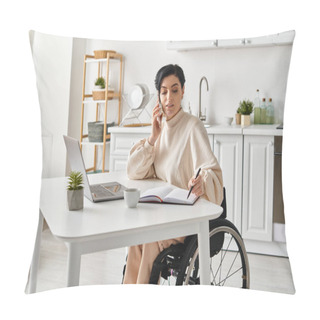 Personality  A Woman In A Wheelchair Works Remotely At A Table With A Laptop In Her Kitchen. Pillow Covers