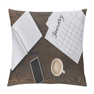 Personality  Flat Lay With Empty Notebook, Calendar, Pencil And Smartphone On Wooden Surface Pillow Covers