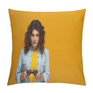 Personality  Curly Redhead Woman Biting Lips While Playing Video Game On Orange  Pillow Covers