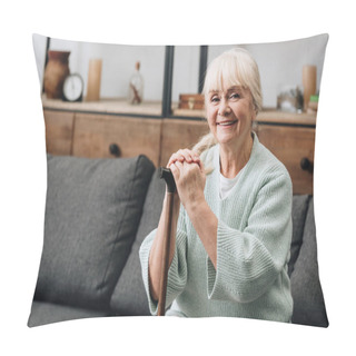 Personality  Cheerful Senior Woman Sitting On Sofa And Holding Walking Stick  Pillow Covers
