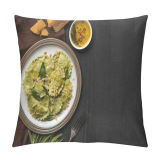 Personality  Top View Of Green Ravioli Served In Vintage Plate Near Silver Fork At Black Wooden Table With Copy Space Pillow Covers