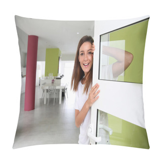 Personality  Young Woman Welcoming People At Entrance Door Pillow Covers