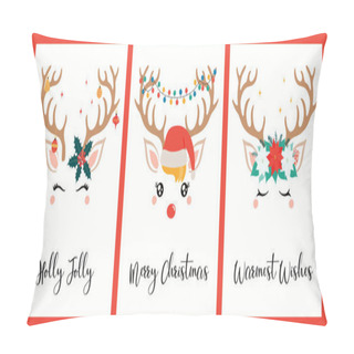 Personality  Collection Of Christmas Cards With Different Cute Reindeer Faces, In Santa Claus Hat, Flower Wreath, Text. Hand Drawn Vector Illustration. Concept Holiday Print Pillow Covers