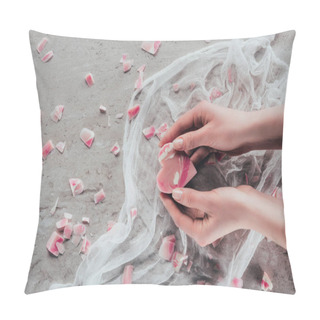 Personality  Cropped View Of Hands With Pink Heart Shaped Soap On White Gauze On Marble Surface Pillow Covers