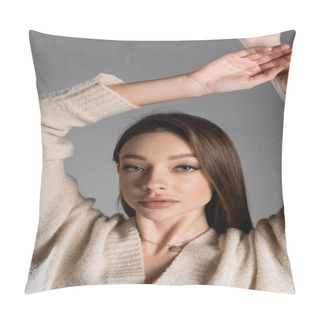 Personality  Charming Woman With Makeup Standing With Arms Up And Looking At Camera Isolated On Grey Pillow Covers
