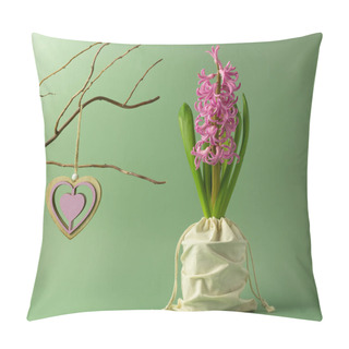 Personality  Trendy Composition With Pink Hyacinth And Wooden Heart On A Branch On A Green Background. Springtime Concept. Women's Day, Valentine's Day. Greeting Card. Copy Space.  Pillow Covers