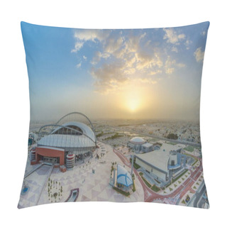 Personality  Aerial View Of Aspire Zone From Top At Sunrise Timelapse In Doha. Traffic On The Road And Car Parking. Foggy Weather Pillow Covers