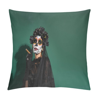 Personality  Woman In Day Of Death Halloween Costume Holding Cigar On Green Background  Pillow Covers