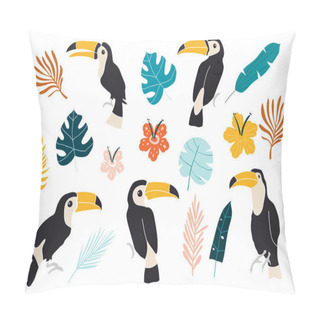 Personality  Vector Set Of Toucan Birds On Tropical Branches With Leaves And Flowers. Vector Set Of Tropical Leaves. Palm, Monstera, Banana Leaf, Hibiscus, Plumeria Flowers. Pillow Covers