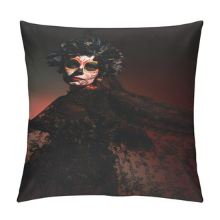 Personality  Woman In Traditional Mexican Santa Muerte Costume Looking At Camera On Burgundy Background  Pillow Covers
