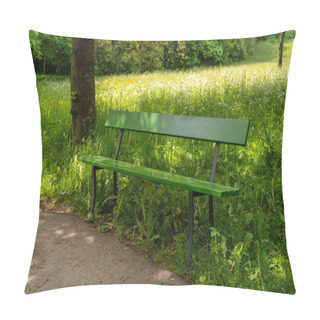 Personality  Empty Green Park Bench Surrounded By Lush Grass And Trees Pillow Covers