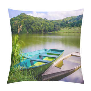 Personality  Wooden Pier Or Jetty And A Boat On Lake Sunset And Sky Reflection Water. Pillow Covers