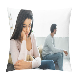 Personality  Selective Focus Of Sad African American Woman Sitting On Sofa  Pillow Covers
