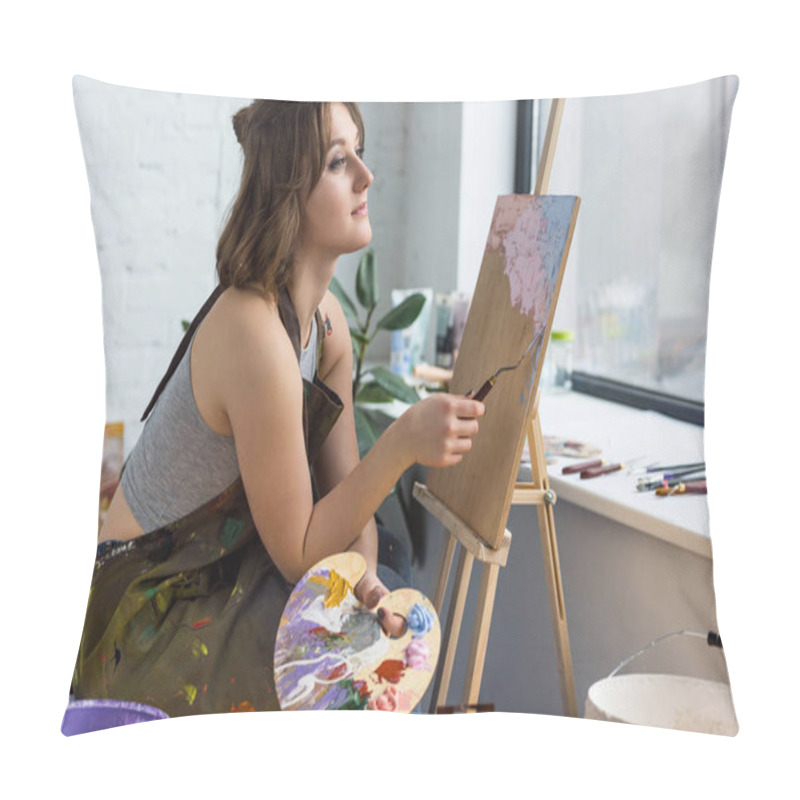 Personality  Young Creative Girl Dreaming By Easel In Light Studio Pillow Covers