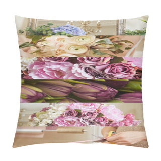 Personality  Collage Of Blue, Purple, Pink Flowers And Woman Cutting Ribbon With Scissors  Pillow Covers