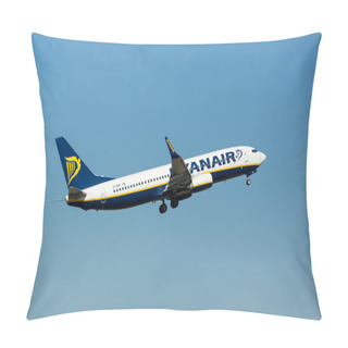 Personality   A Plane From The Airline Ryanair Takes Off In Greece. Ryanair I Pillow Covers