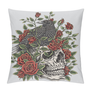 Personality  Crow, Roses And Skull Tattoo Design Pillow Covers