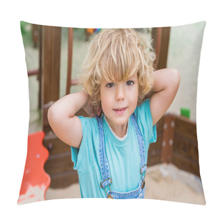 Personality  Selective Focus Of Adorable Little Boy Looking At Camera At Playground  Pillow Covers