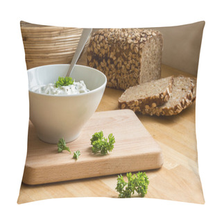 Personality  Curd Cheese Dip With Herbs In A Bowl And Rustic Bread In The Bac Pillow Covers