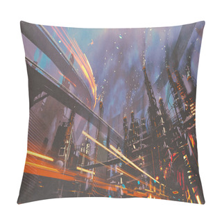 Personality  Futuristic City With Industrial Buildings Pillow Covers